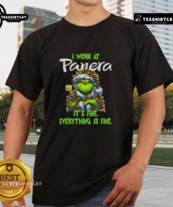 Funny Grinch Christmas Tree t-shirt from Panera Bread, featuring 'It's Fine, Everything Is Fine' design.