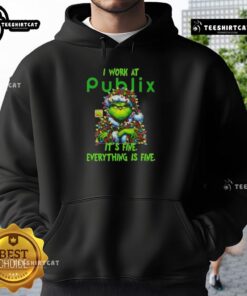 Funny Grinch Christmas tree hoodie from Publix with 'It's fine, everything is fine' quote, perfect for festive cheer.