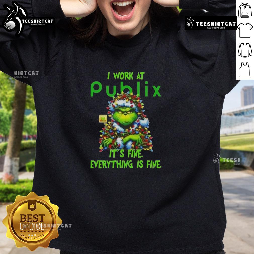 Funny Grinch Christmas Tree X Publix I Work At It's Fine Everything Is Fine Sweatshirt Alt Text: Funny Grinch Christmas tree sweatshirt from Publix, featuring the phrase It's fine, everything is fine for holiday humor.