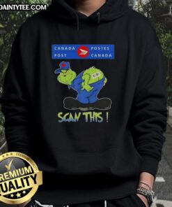 Funny Grinch X Canada Postes hoodie featuring humorous 'Scan This Ass' design, perfect for holiday cheer and laughs.