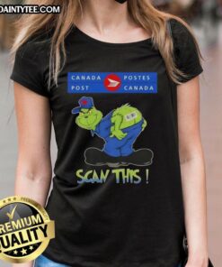 Funny Grinch X Canada Postes Scan This Ass Ladies Tee featuring a playful Grinch design, perfect for holiday humor.