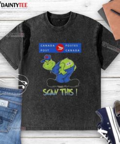 Funny Grinch X Canada Postes t-shirt featuring a humorous 'Scan This Ass' design for holiday cheer.