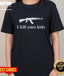 Funny Gun I Kill Emo Kids Ladies Tee featuring a humorous graphic design for a playful and edgy fashion statement.