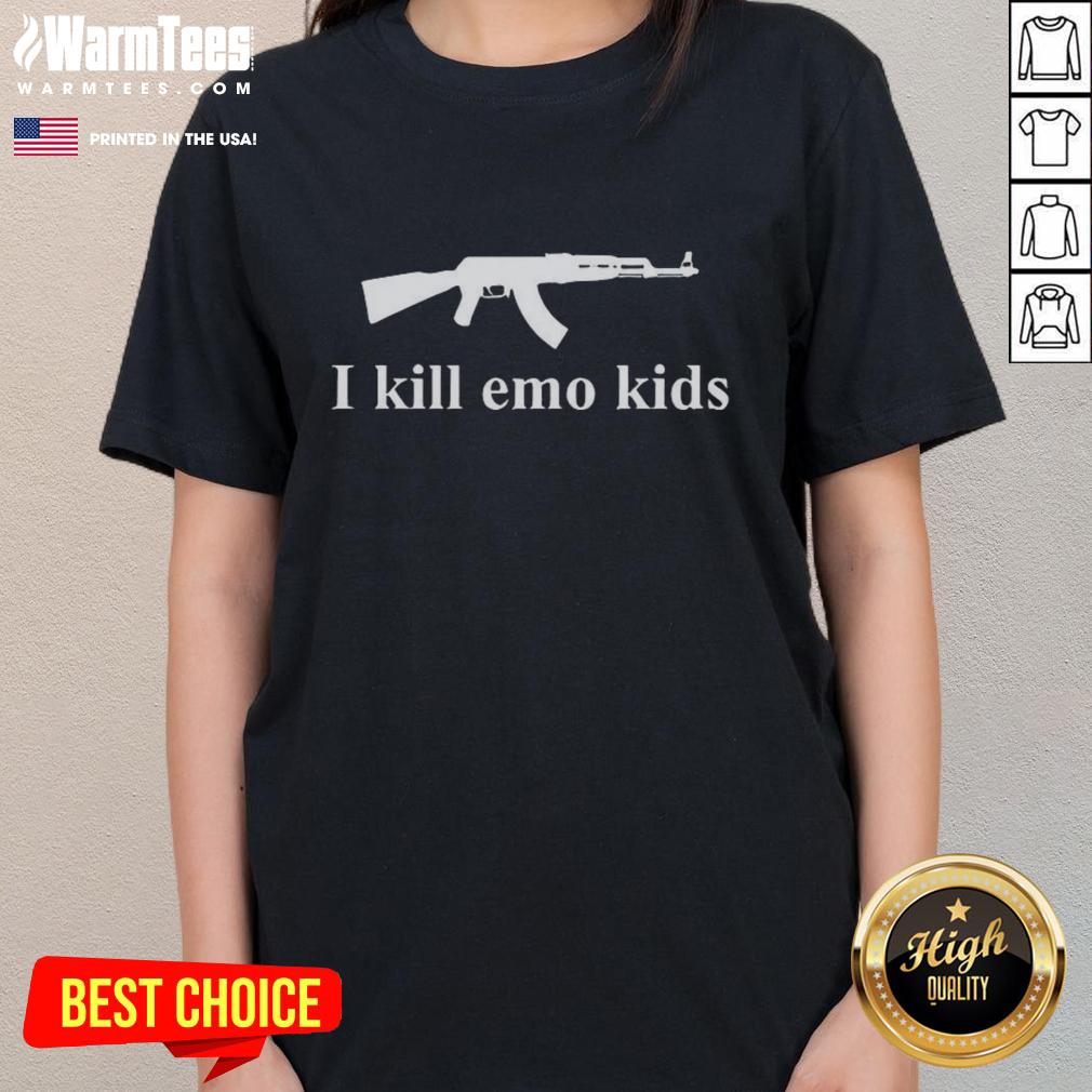 funny-gun-i-kill-emo-kids-ladies-tee Funny Gun I Kill Emo Kids Ladies Tee featuring a humorous graphic design for a playful and edgy fashion statement.