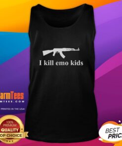 Funny gun graphic on a tank top, featuring 'I Kill Emo Kids' text, perfect for edgy fashion fans and humor lovers.