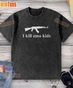 Funny gun graphic on a washed t-shirt featuring the phrase 'I Kill Emo Kids' - a humorous design for edgy fashion.