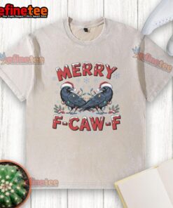 Funny Have Yourself a Merry F-Caw-F Christmas Crow T-Shirt design featuring a whimsical crow in festive attire.