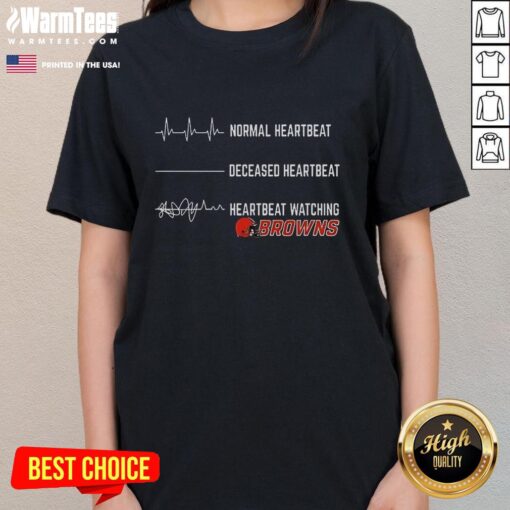 Funny heartbeat graphic on a Cleveland Browns ladies tee, perfect for fans showcasing team spirit with a humorous touch.