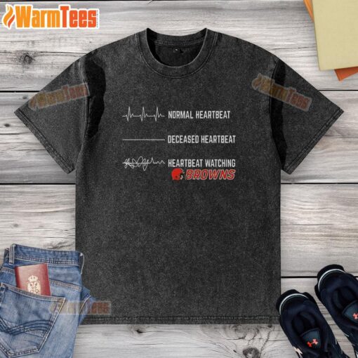 Funny heartbeat design on a Cleveland Browns washed t-shirt, perfect for fans showcasing team spirit and humor.