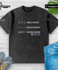 Funny heartbeat graphic on a Los Angeles Rams washed t-shirt, perfect for NFL fans and casual wear.