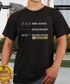 Funny heartbeat design on a Pittsburgh Steelers T-shirt, perfect for fans showcasing team spirit and humor.