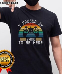 Funny I Paused My Game To Be Here Retro Vintage Gamer Sunset T-Shirt design featuring a colorful sunset and gaming graphics.