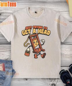 Funny 'Just Trying to Get a Head' guillotine graphic t-shirt design, perfect for humor lovers and unique fashion statements.