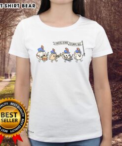 Funny marching dumpling ladies tee featuring playful cartoon characters in vibrant colors, perfect for food lovers.