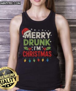 Funny Merry Drunk I'm Christmas tank top featuring festive graphics and vibrant colors, perfect for holiday celebrations.