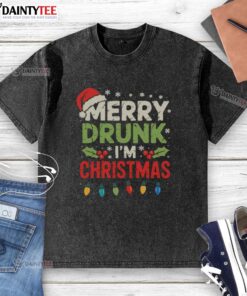 Funny Merry Drunk I'm Christmas washed t-shirt design featuring festive graphics and humorous text for holiday cheer.