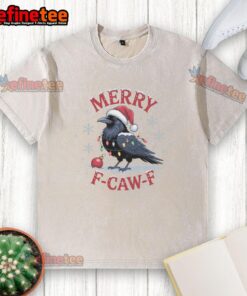 Alt Text: Funny Merry F Caw F Crow Christmas X Mas washed t-shirt featuring a playful holiday design and vibrant colors.