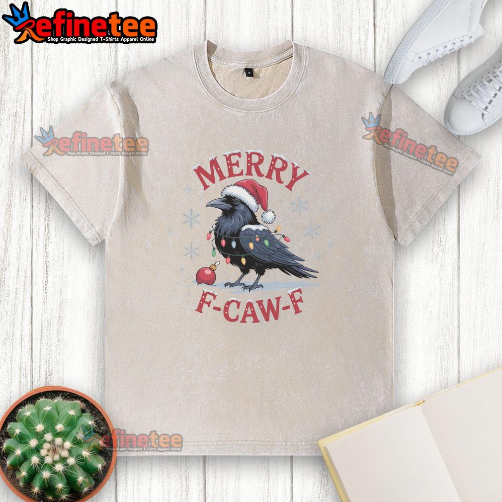funny-merry-f-caw-f-crow-christmas-x-mas-washed-t-shirt Alt Text: Funny Merry F Caw F Crow Christmas X Mas washed t-shirt featuring a playful holiday design and vibrant colors.