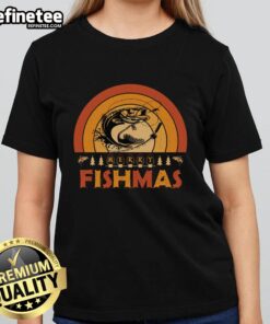 Alt Text: Funny Merry Fishmas tee with retro sunset design for ladies, perfect for Christmas fishing enthusiasts.