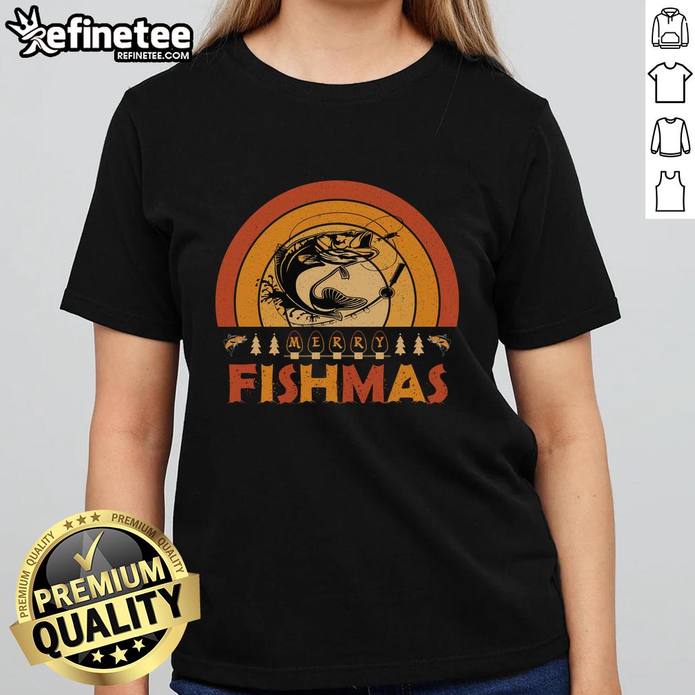 funny-merry-fishmas-merry-christmas-fishing-retro-sunset-ladies-tee Alt Text: Funny Merry Fishmas tee with retro sunset design for ladies, perfect for Christmas fishing enthusiasts.