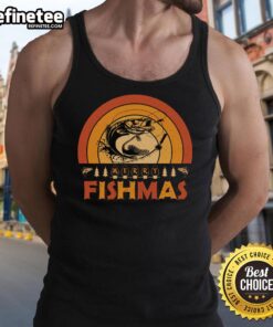 Alt Text: Funny Merry Fishmas tank top featuring retro sunset design, perfect for Christmas and fishing enthusiasts.