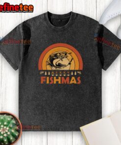 Funny Merry Fishmas retro sunset t-shirt featuring a whimsical fish design for Christmas fishing enthusiasts.