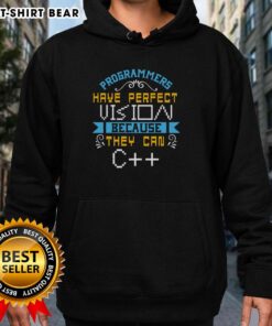 Funny programmers hoodie with 'Perfect Vision Because They Can C' slogan, perfect for coding enthusiasts and humor lovers.