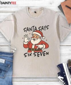 Alt Text: Funny Santa graphic t-shirt featuring Santa Says Six Seven 67 design, perfect for Christmas celebrations.