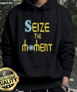 Alt Text: Funny Seize The Moment Seattle Mariners baseball logo hoodie featuring vibrant graphics and cozy design.