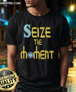 Funny Seize The Moment Seattle Mariners baseball logo t-shirt featuring a playful design and vibrant colors for fans.