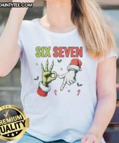 Funny Six Seven 6 7 67 Meme Christmas Xmas Ladies Tee featuring a humorous festive design for holiday celebrations.