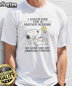 Alt Text: Funny Snoopy Woodstock T-Shirt with 'Partner in Crime' quote featuring smartass friend, perfect for vacation vibes.