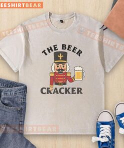 Funny Beer Cracker Nutcracker Christmas washed t-shirt showcasing a playful design perfect for holiday festivities.