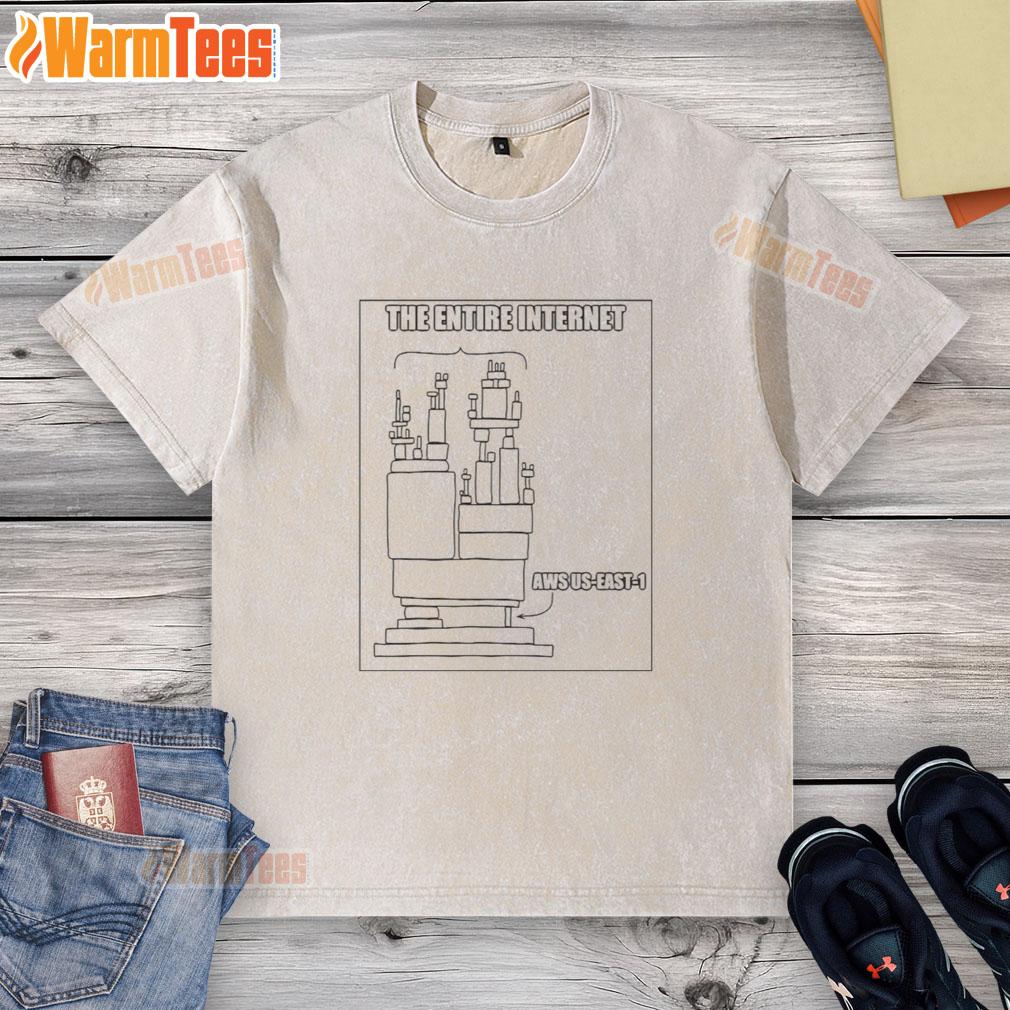 funny-the-entire-internet-aws-us-east-1-meme-washed-t-shirt Alt Text: Funny meme 'The Entire Internet AWS Us East 1' on a washed t-shirt, showcasing internet humor and tech culture.