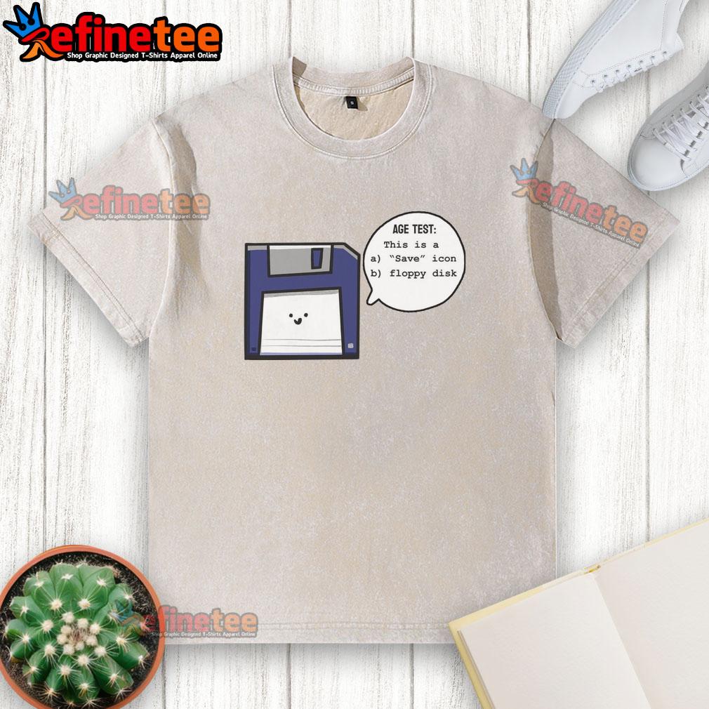 funny-this-is-a-save-icon-or-floppy-disk-age-test-washed-t-shirt Funny vintage floppy disk graphic on a washed t-shirt, perfect for nostalgia lovers and tech enthusiasts.