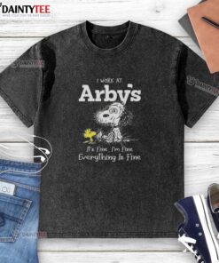 Funny tired Snoopy graphic on a washed t-shirt with 'I work at Arby's, it's fine, I'm fine, everything is fine' text.
