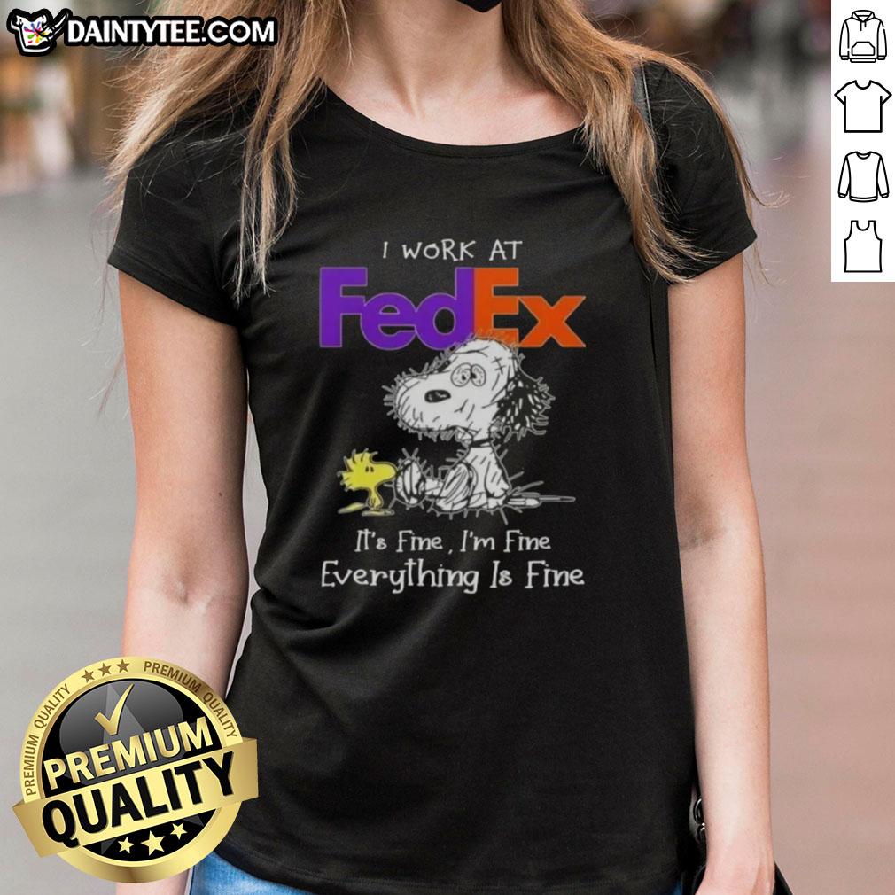 funny-tired-snoopy-i-work-at-fedex-its-fine-im-fine-everything-is-fine-ladies-tee Alt Text: Funny tired Snoopy graphic on a ladies tee: 'I work at FedEx, it's fine, I'm fine, everything is fine.'