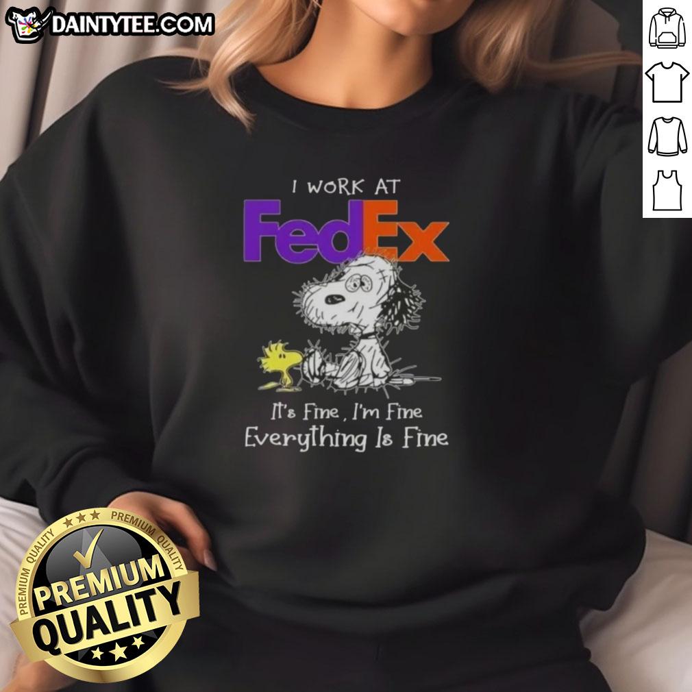 funny-tired-snoopy-i-work-at-fedex-its-fine-im-fine-everything-is-fine-sweatshirt Alt Text: Funny Snoopy sweatshirt with 'I work at FedEx, it's fine, I'm fine, everything is fine' text, perfect for FedEx employees.