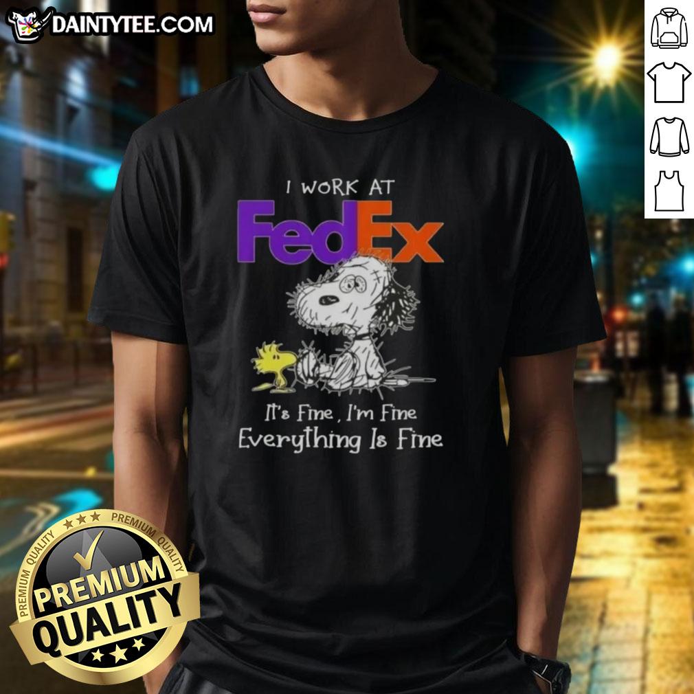 funny-tired-snoopy-i-work-at-fedex-its-fine-im-fine-everything-is-fine-t-shirt-1 Funny Tired Snoopy graphic on a t-shirt with text 'I Work At FedEx It's Fine I'm Fine Everything Is Fine.'