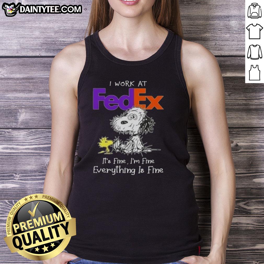funny-tired-snoopy-i-work-at-fedex-its-fine-im-fine-everything-is-fine-tank-top Funny Snoopy tank top saying 'I work at FedEx, it's fine, I'm fine, everything is fine' perfect for casual wear.