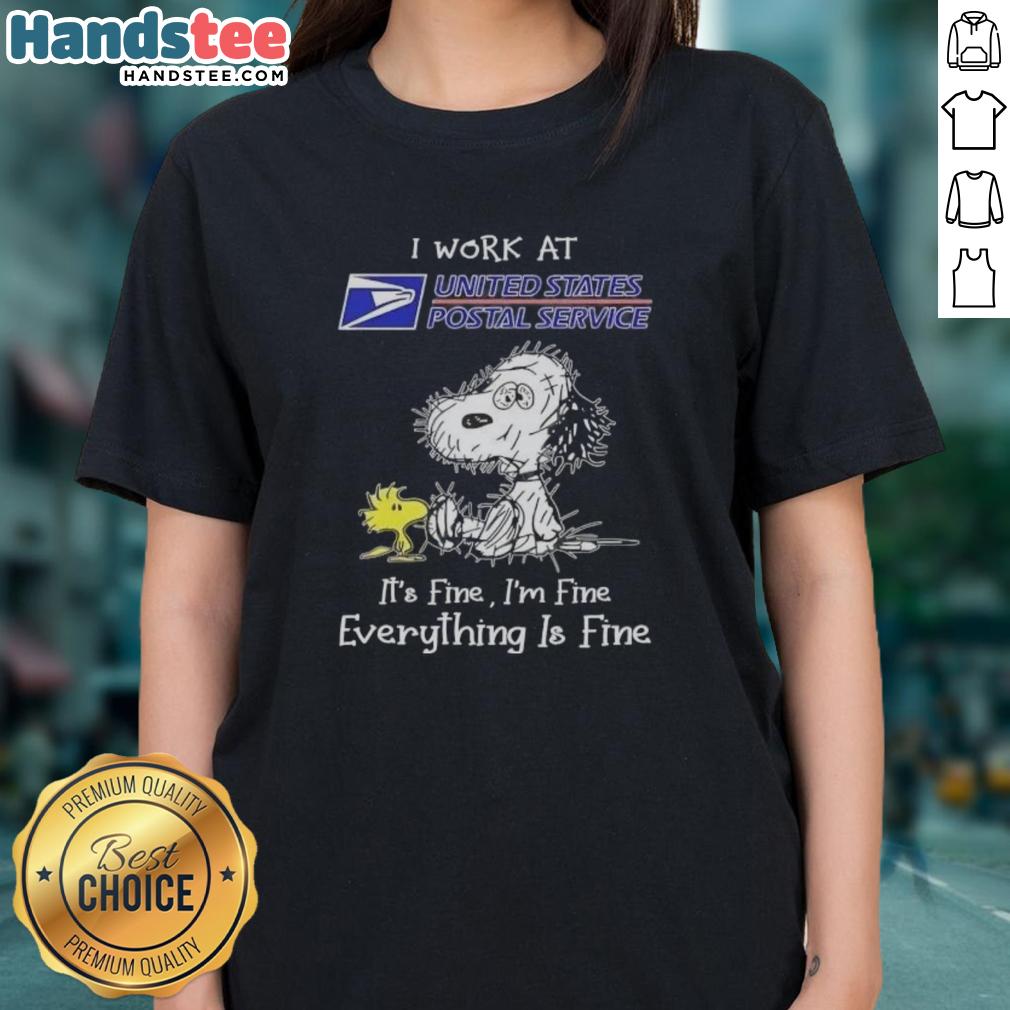 funny-tired-snoopy-i-work-at-usps-its-fine-im-fine-everything-is-fine-ladies-tee Funny tired Snoopy graphic on a ladies tee, featuring 'I work at USPS, it's fine, I'm fine, everything is fine' quote.