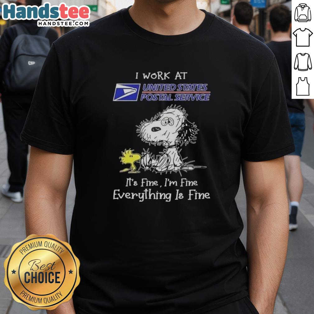 funny-tired-snoopy-i-work-at-usps-its-fine-im-fine-everything-is-fine-t-shirt-1 Funny Tired Snoopy graphic on a USPS t-shirt saying 'It's fine, I'm fine, everything is fine' for postal workers.