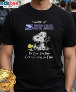 Funny Tired Snoopy graphic on a USPS t-shirt saying 'It's fine, I'm fine, everything is fine' for postal workers.