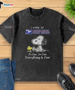 Funny tired Snoopy on USPS shirt: 'I work at USPS, it's fine, I'm fine, everything is fine' - perfect for postal workers.