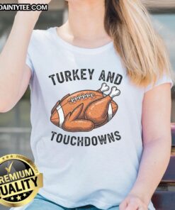 Funny turkey and touchdowns graphic on a Thanksgiving football fan ladies tee, perfect for holiday celebrations.