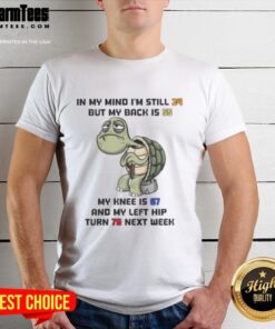 Alt Text: Funny turtle graphic on a t-shirt with text about aging, In My Mind I'm Still 24, perfect for humor lovers.
