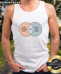Funny Venn diagram tank top for women: 'Women Want Me, Fish Fear Me' design, perfect for humor lovers.