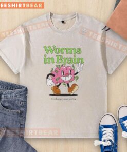 Funny worms in brain graphic on a head empty washed t-shirt, perfect for humor lovers and quirky fashion enthusiasts.