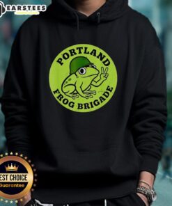 Alt Text: Nice Portland Frog Brigade Protest Hoodie featuring vibrant frog designs, promoting environmental activism and awareness.