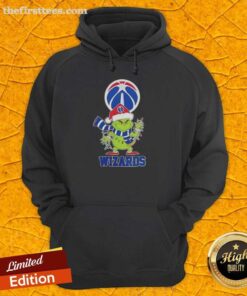 Holiday hoodie featuring a Grinch and Santa hat design for the 2025 Washington Wizards Christmas celebration.